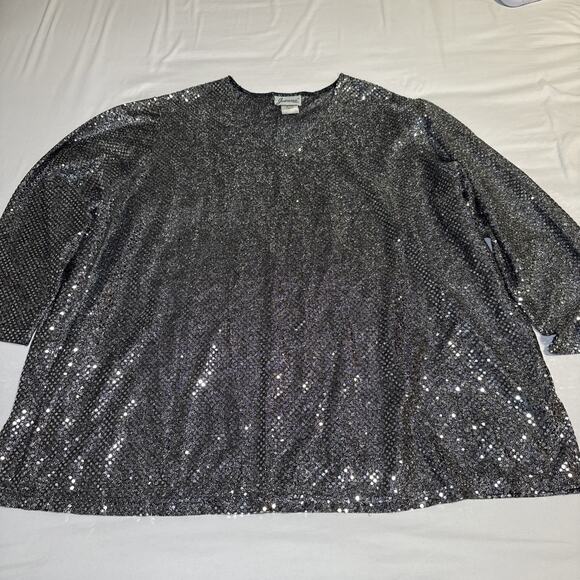 Joanna VTG Womens 3X Silver All Over Sequin Boxy Pullover Top V Neck Blouse EUC - Picture 1 of 12